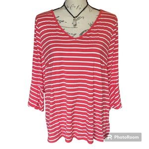 August Mist 3/4 Sleeve Coral/White Striped Blouse 1X EUC
